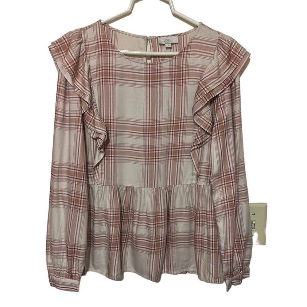 LOFT outlet Blouse Plaid Peplum Ruffle Long Sleeves Size Medium